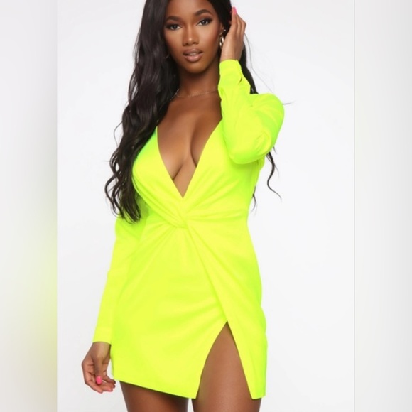 Fashion Nova Dresses & Skirts - FASHION NOVA Sugar Free Dress Satin Neon Yellow NWT